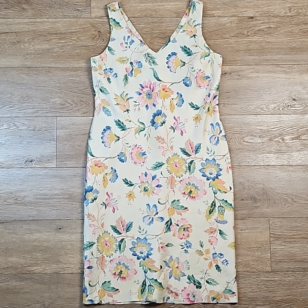 Vintage Ralph Lauren 100% Silk Cream Floral Print Sleeveless V-Neck Slip Dress